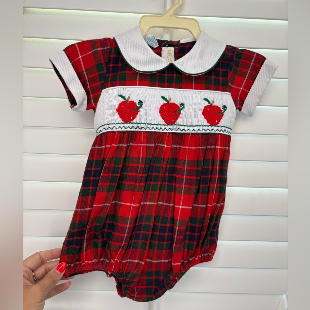 Vintage Anavini Red Plaid Baby Romper with Apple Design size 24 months